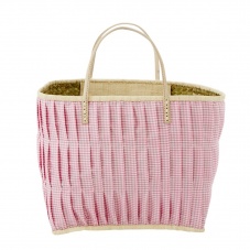 Pink Check Fabric Covered Raffia Shopping Basket Rice DK